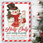 Retro  Holly Jolly Snowman Custom Christmas Kaart<br><div class="desc">Deze vintage kerstfeestuitnodiging uit het midden van de eeuw is voorzien van een vrolijke sneeuwman in hoge hoed, sjaal en met een snoepstok met de woorden 'Holly Jolly en klaar om te feesten' met een heldere rode en witte rand en achterkant van snoepriet. Aanpassen door uw persoonlijke partijgegevens toe te...</div>