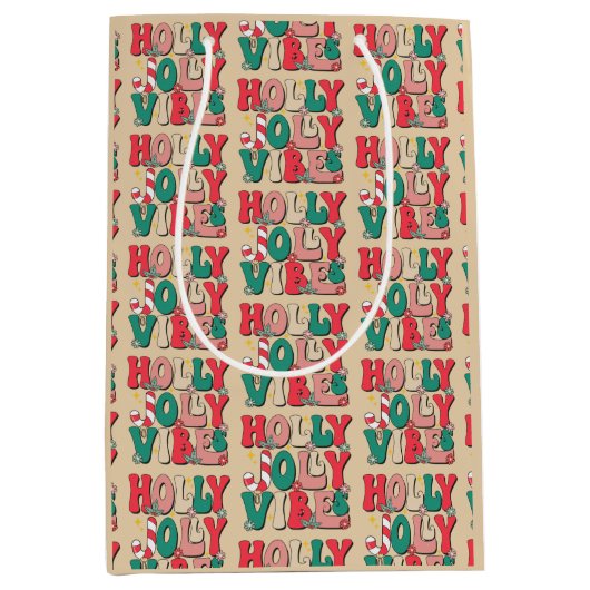 Retro Holly Jolly Vibes Kerstcrème Medium Cadeauzakje (Voorkant)