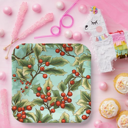 Retro Holly Kerstmis Groot Papieren Bordje (Feest)