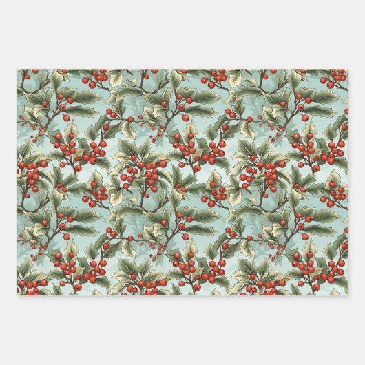 Retro Holly Kerstmis Inpakpapier Vel (Voorkant 3)