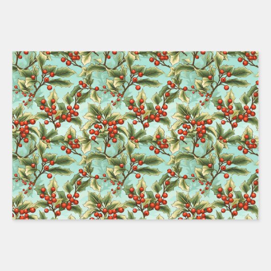Retro Holly Kerstmis Inpakpapier Vel (Voorkant)