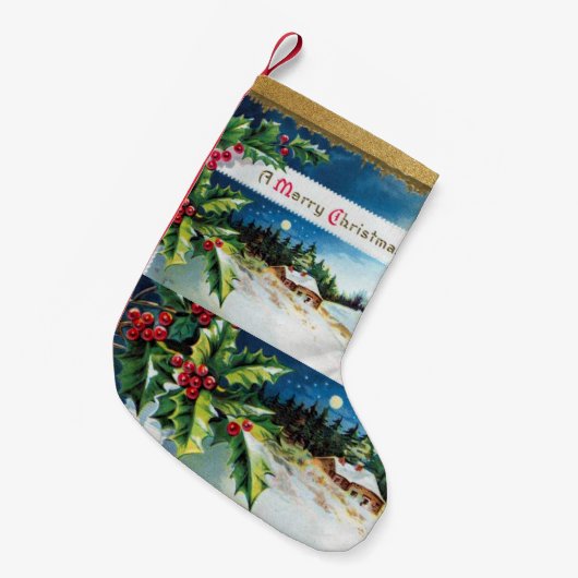  Retro Holly Leaves en Sneeuwsceen Kleine Kerstsok (Voorkant (Hangend))