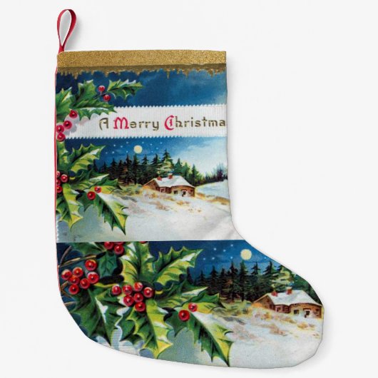  Retro Holly Leaves en Sneeuwsceen Kleine Kerstsok (Voorkant)