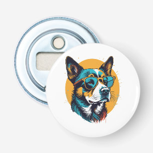 Retro hond draagt een zonnebril button flesopener
