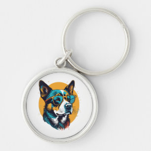 Retro hond draagt zonnebril sleutelhanger