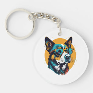 Retro hond draagt zonnebril sleutelhanger