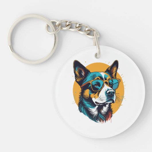Retro hond draagt zonnebril sleutelhanger (Voorkant)