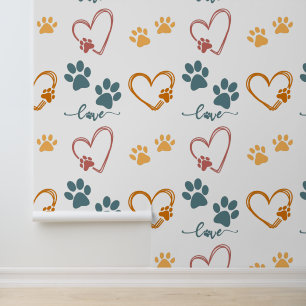 Retro HOND PAW PRINTS en LIEFDE HARTEN Behang