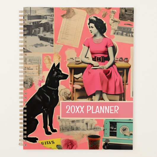 Retro Hond roze dame Collage Scrapbooking Planner (Voorkant)