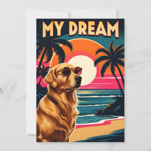 Retro Hond Zonnebril Vintage Zonsondergang Strand  Feestdagenkaart