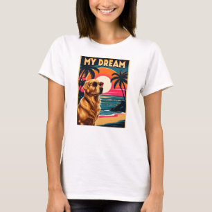 Retro Hond Zonnebril Vintage Zonsondergang Strand T-shirt