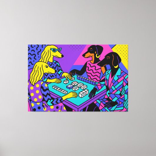 Retro honden die Mahjong spelen Canvas Afdruk (Voorkant)