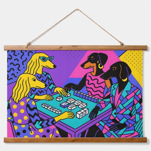 Retro Honden Spelen Mahjong Hangend Wandkleed (Voorkant)