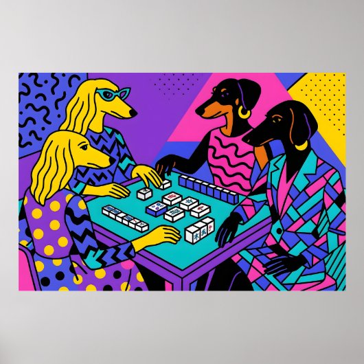 Retro Honden Spelen Mahjong Poster (Voorkant)