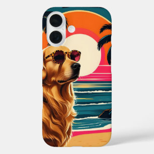 Retro Honden Zonnebril Vintage Zonsondergang Stran iPhone 16 Hoesje