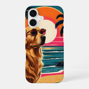Retro Honden Zonnebril Vintage Zonsondergang Stran iPhone 16 Hoesje