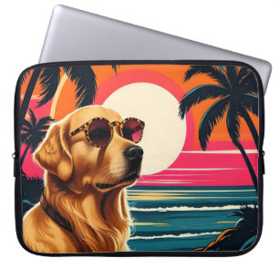 Retro Honden Zonnebril Vintage Zonsondergang Stran Laptop Sleeve