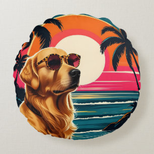 Retro Honden Zonnebril Vintage Zonsondergang Stran Rond Kussen