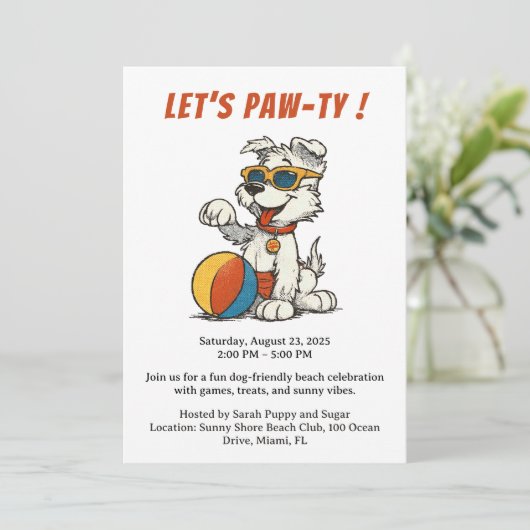 Retro hondenstrandfeest uitnodiging – Vintage cart (Staand voorkant)