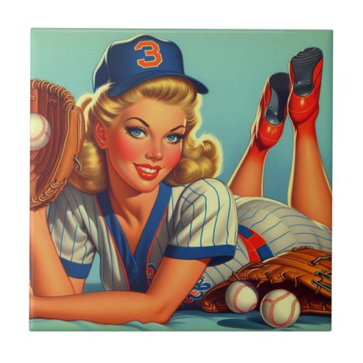 Retro honkbal meisje tegeltje (Voorkant)