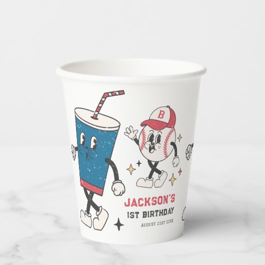 Retro Honkbal Vibes Jongen Verjaardagsfeestje Papieren Bekers (Voorkant)
