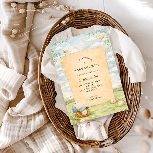 Retro honkbalveld baby shower kaart