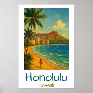 Retro Honolulu Hawaï Waikiki Beach Poster