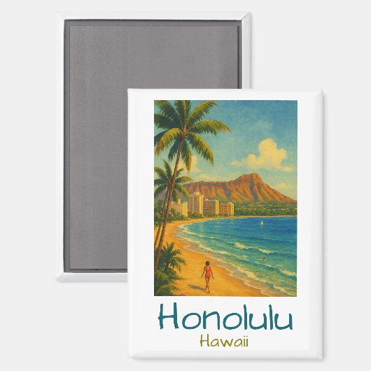 Retro Honolulu Hawaï Waikiki Strand Magneet (Voorkant / Achterkant)