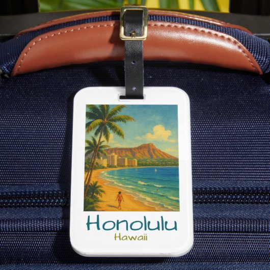 Retro Honolulu Hawaii Waikiki Beach Bagagelabel (Voorkant Insitu 2)