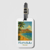 Retro Honolulu Hawaii Waikiki Beach Bagagelabel (Voorkant (verticaal))