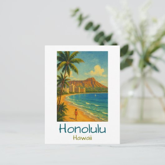 Retro Honolulu Hawaii Waikiki Beach Briefkaart (Staand voorkant)
