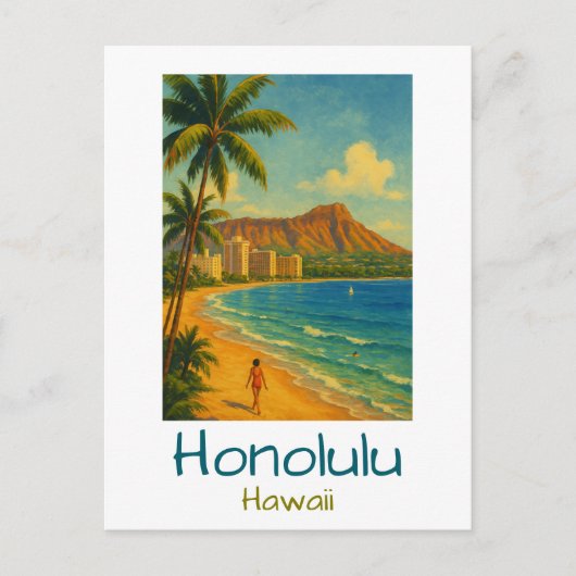 Retro Honolulu Hawaii Waikiki Beach Briefkaart (Voorkant)