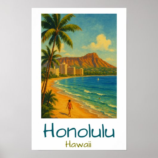 Retro Honolulu Hawaii Waikiki Beach Poster (Voorkant)