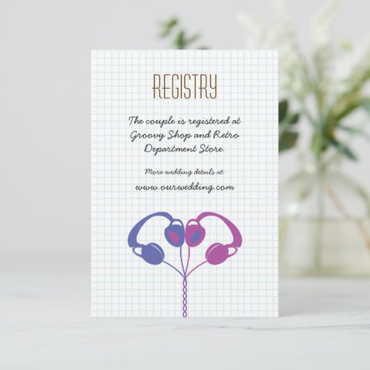 Retro Hoofdtelefoon Hart Muziek Wedding Paarse Ind Informatiekaartje (Staand voorkant)