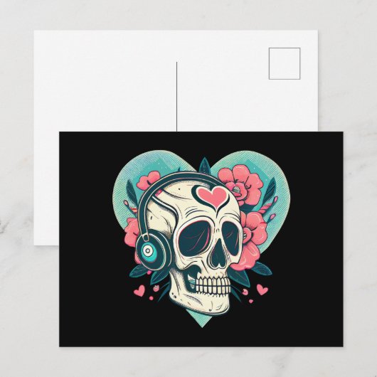 Retro hoofdtelefoon hart schedel briefkaart (Voorkant / Achterkant)