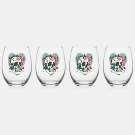 Retro hoofdtelefoon hart schedel wijnglas zonder voet