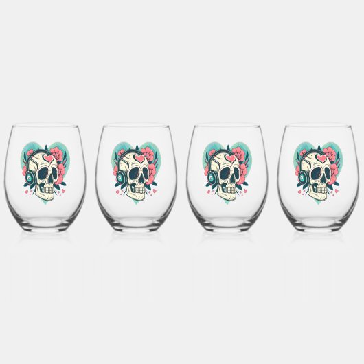 Retro hoofdtelefoon hart schedel wijnglas zonder voet (Voorkant)