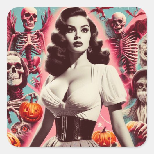 Retro Horror Meisje Vierkante Sticker (Voorkant)