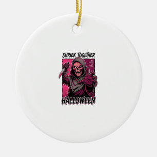 Retro Horror T-shirt met Gegraveerde Slasher Hallo Keramisch Ornament