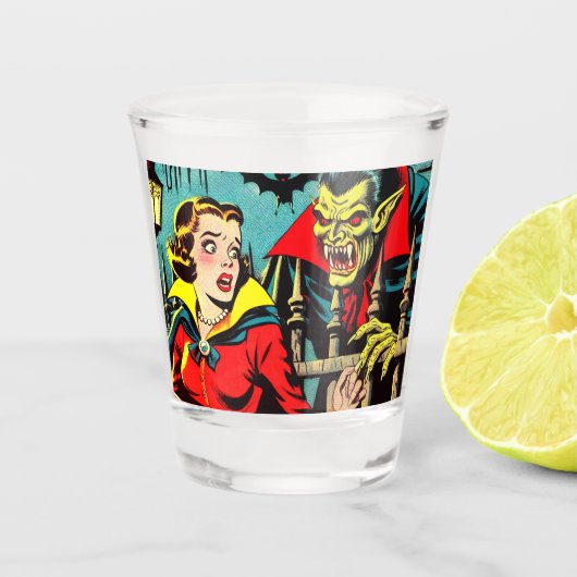 Retro Horror Vampier Strips Shot Glas (Voorkant)