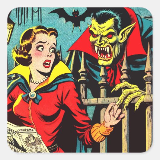 Retro Horror Vampire Comics Vierkante Sticker (Voorkant)