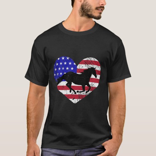Retro Horse Amerikaanse vlag Hart 4 juli Verenigde T-shirt (Voorkant)