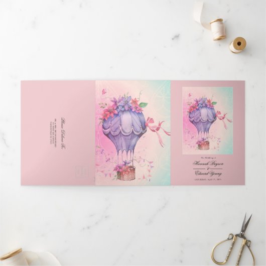 Retro hot-Air ballonhuwelijk Drieluik Uitnodiging (Buitenkant)