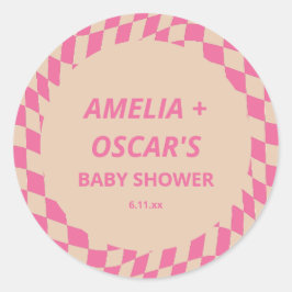 Retro Hot Pink Abstract Checker Custom Baby Shower Ronde Sticker