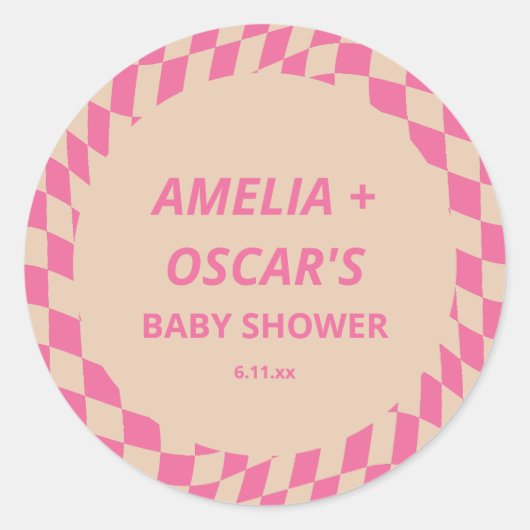 Retro Hot Pink Abstract Checker Custom Baby Shower Ronde Sticker (Voorkant)