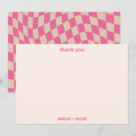 Retro Hot Pink Abstract Checkerboard Baby Shower Bedankkaart