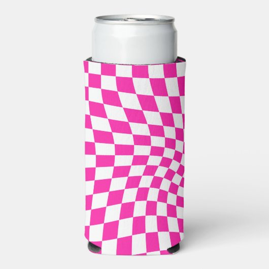 Retro Hot Pink Checked Warped Checkered Seltzer Blikjeskoeler (Seltzer Voorkant)