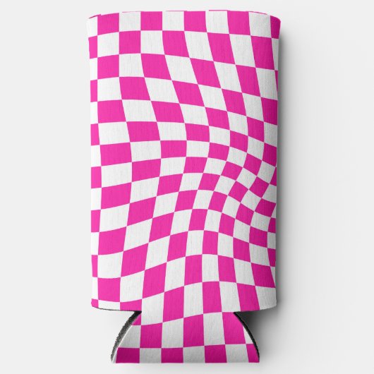 Retro Hot Pink Checked Warped Checkered Seltzer Blikjeskoeler (Voorkant)