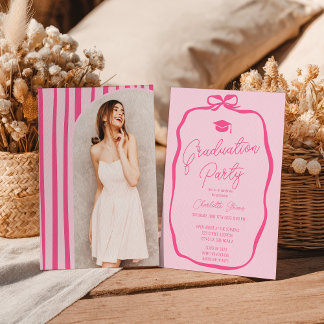 Retro Hot Pink Coquette Bow photo graduation Kaart