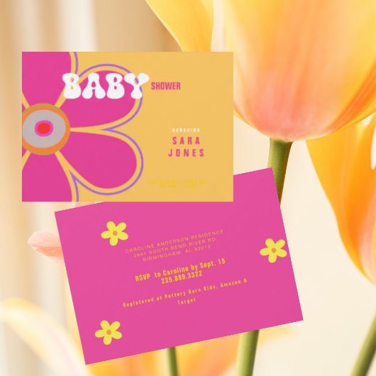 Retro Hot Pink Flower Baby shower Kaart